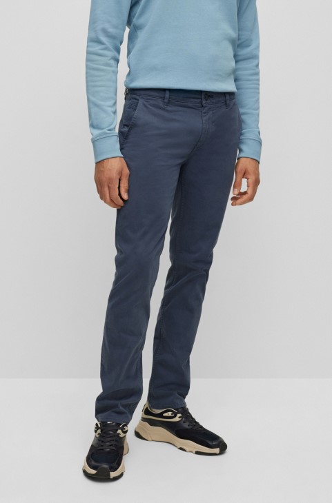 παντελόνι Hugo Boss σκούρο μπλε Slim-fit σε βαμβακερό σατέν