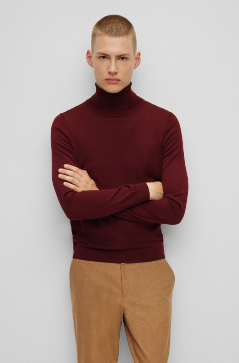 Σκούρο κόκκινο πουλόβερ Hugo Boss Slim-fit Rollneck από παρθένο μαλλί