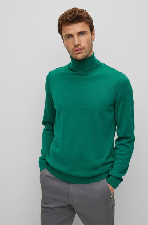 Slim-fit Rollneck πουλόβερ από παρθένο μάλλινο πράσινο Hugo Boss