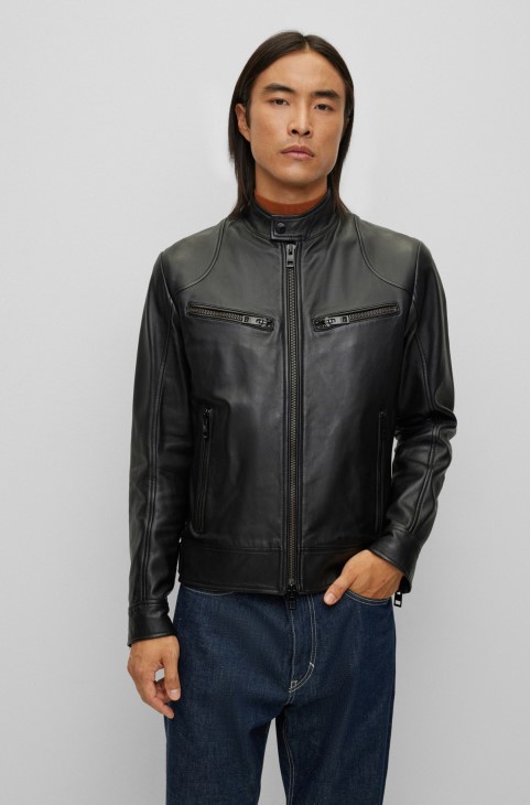 μαύρο Nappa-δερμάτινο Biker Jacket με χοντρά φερμουάρ Hugo Boss