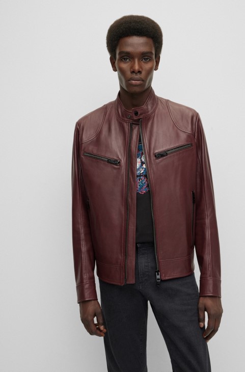 δερμάτινο Biker Jacket Nappa με χοντρά φερμουάρ Hugo Boss σκούρο κόκκινο