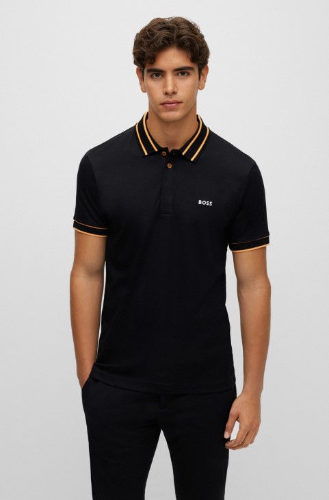 Hugo Boss Interlock-βαμβακερό Slim-fit μπλουζάκι Polo με λογότυπο μαύρο κέντημα