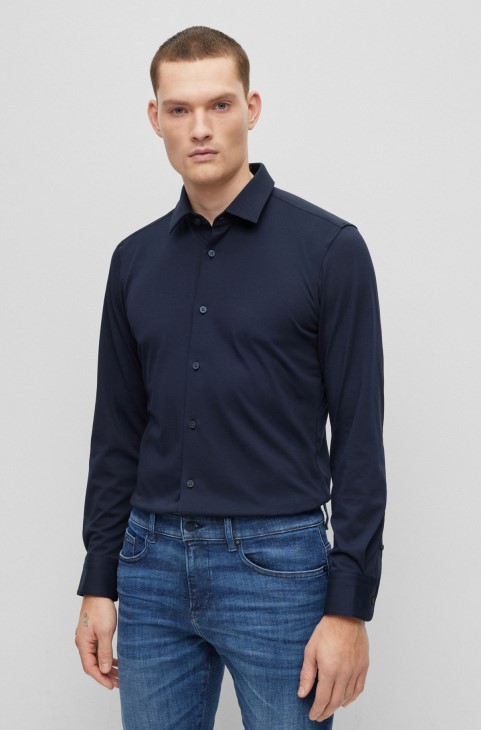 Hugo Boss Slim-fit μπλουζάκι σε Performance-stretch βαμβακερό μείγμα σκούρο μπλε