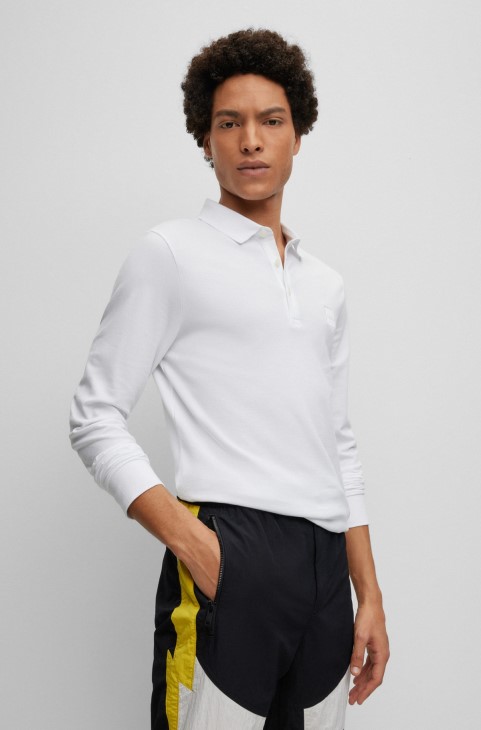 Hugo Boss μακρυμάνικο μπλουζάκι πόλο σε Slim-fit με λογότυπο Patch λευκό