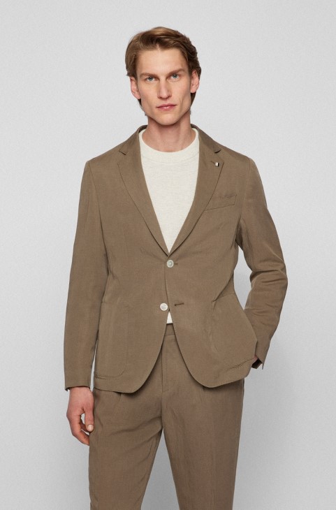 Slim-fit Jacket με ριγέ καρφίτσα πέτο με υπογραφή Hugo Boss καφέ