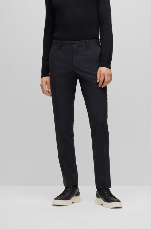 Παντελόνι Hugo Boss σκούρο γκρι Slim-fit από ελαστικό παρθένο μαλλί