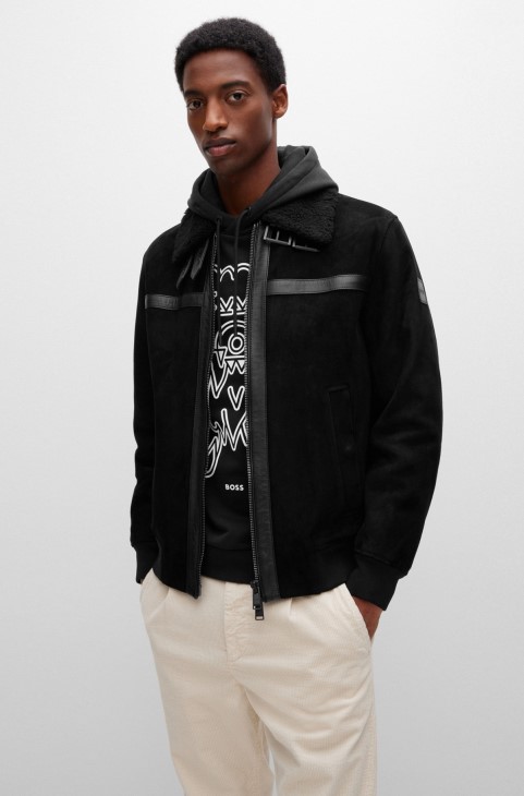 Σουέντ Bomber Jacket με αποσπώμενο γιακά σε μαύρο χρώμα Hugo Boss