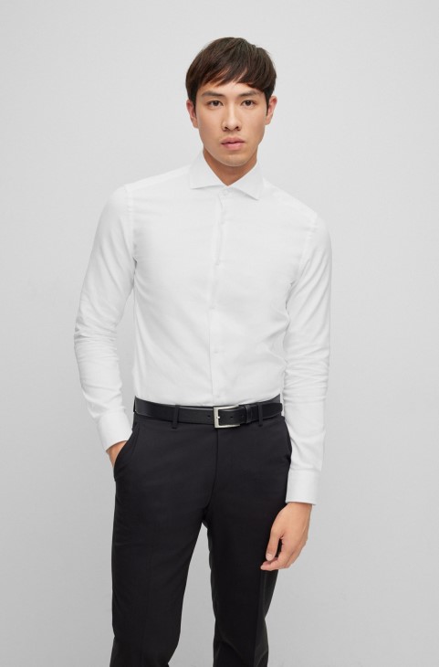 Slim-fit πουκάμισο σε ιταλικό δομημένο βαμβακερό Hugo Boss λευκό