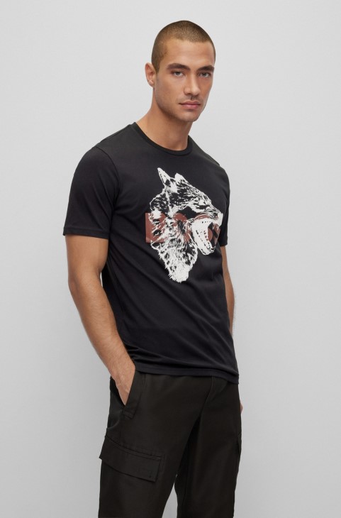 T-shirt από βαμβακερό ζέρσεϊ με λογότυπο, μαύρο Hugo Boss