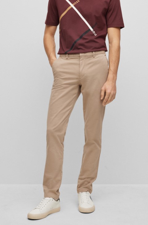 Hugo Boss ανοιχτό μπεζ Slim-fit Chinos σε ελαστική βαμβακερή γαμπαρντίνα