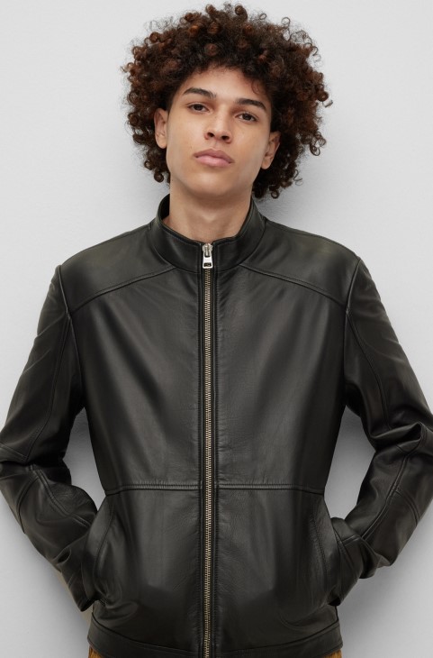 Biker Jacket Hugo Boss εξαιρετικά λεπτή σε δερμάτινο μαύρο
