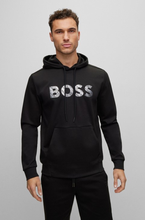 Hugo Boss Hoodie από βαμβακερό μείγμα με λογότυπο σε εφέ σε μαύρο χρώμα
