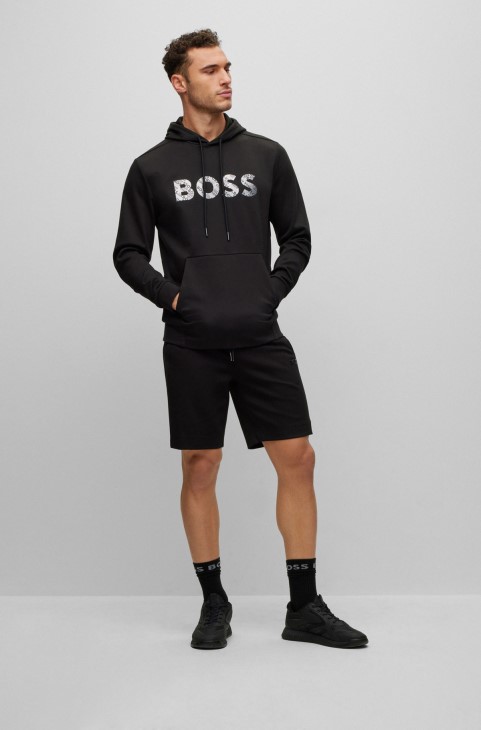 Hugo Boss Hoodie από βαμβακερό μείγμα με λογότυπο σε εφέ σε μαύρο χρώμα
