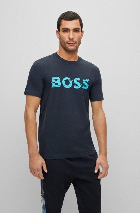 Hugo Boss σκούρο μπλε βαμβακερό μπλουζάκι με στάμπα με γραφικό λογότυπο