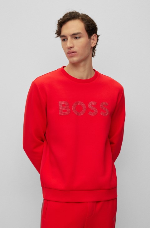 Hugo Boss κόκκινο φούτερ από βαμβακερό μείγμα σε χαλαρή εφαρμογή με λογότυπο στρας