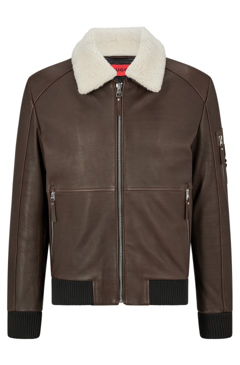 Biker Jacket κανονικής εφαρμογής από δέρμα με Teddy διακοσμητικά Hugo Boss σκούρο καφέ
