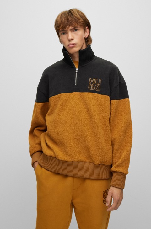 Hugo Boss φούτερ Sherpa Fleece με φερμουάρ με πορτοκαλί κέντημα στοιβαγμένο λογότυπο