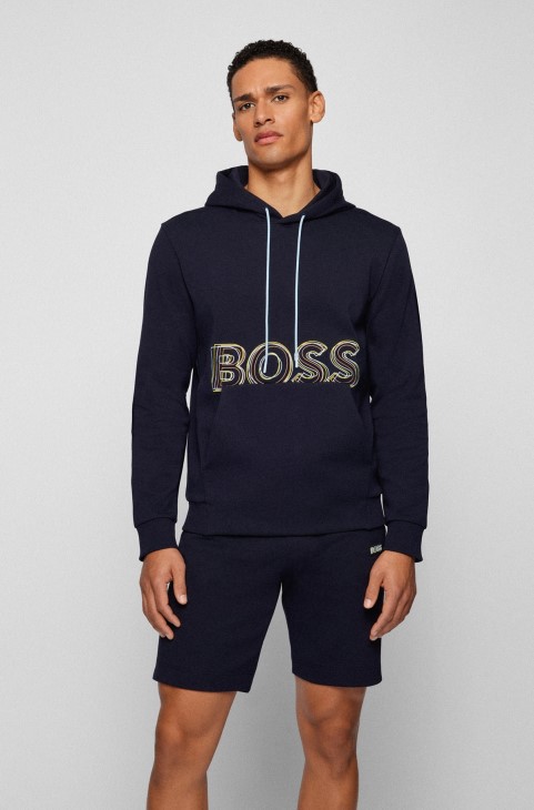 σκούρο μπλε Hugo Boss Hoodie από βαμβακερό μείγμα με πολύχρωμο λογότυπο