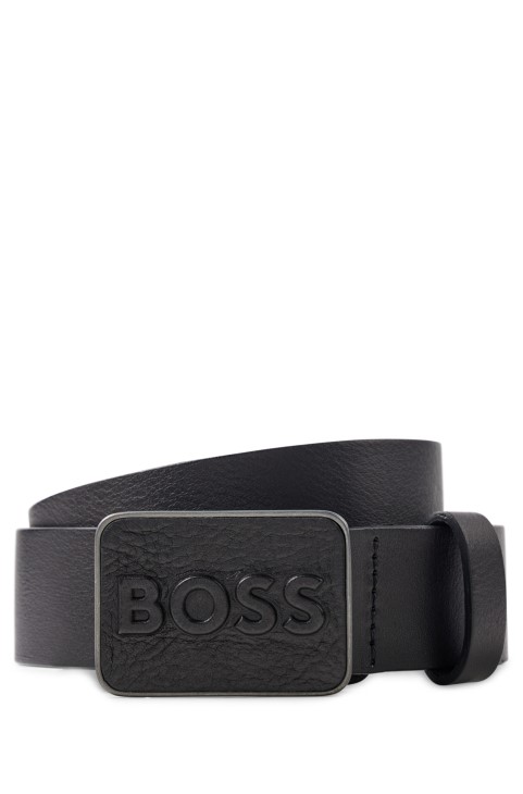 Hugo Boss μαύρη ιταλική δερμάτινη ζώνη με δερμάτινη αγκράφα με λογότυπο-πλάκα