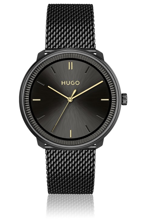 Hugo Boss ποικίλο Prepack ρολόι μαύρου καντράν με δερμάτινο λουράκι και διχτυωτό βραχιόλι