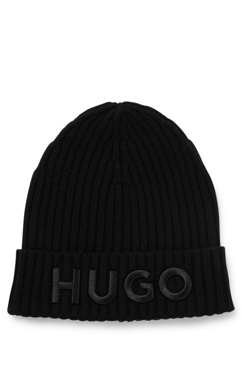 Hugo Boss μαύρο Unisex καπέλο Beanie από παρθένο μαλλί με κεντημένο λογότυπο