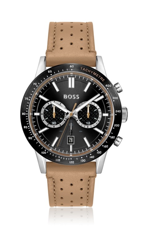 Hugo Boss ποικίλο ρολόι χρονογράφου Pre Pack με διάτρητο δερμάτινο λουράκι
