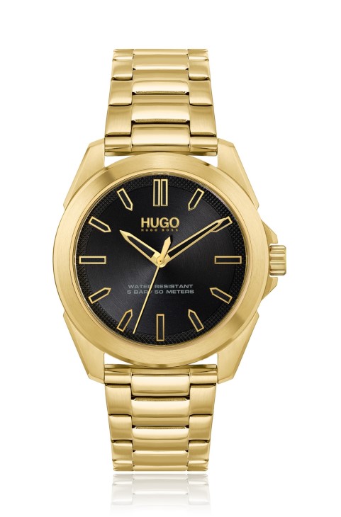 Χρυσό ρολόι Hugo Boss σε χρυσό εφέ με μαύρο καντράν και βραχιόλι με σύνδεσμο