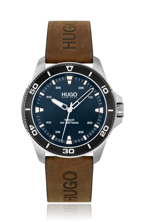 ρολόι Hugo Boss σε καφέ μπλε καντράν με δερμάτινο λουράκι με λογότυπο